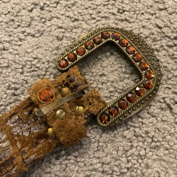 Vintage Brown Crystal Gem Croc Studded Dress Moto Biker Western Belt Y2K sz S/M - Picture 5 of 8